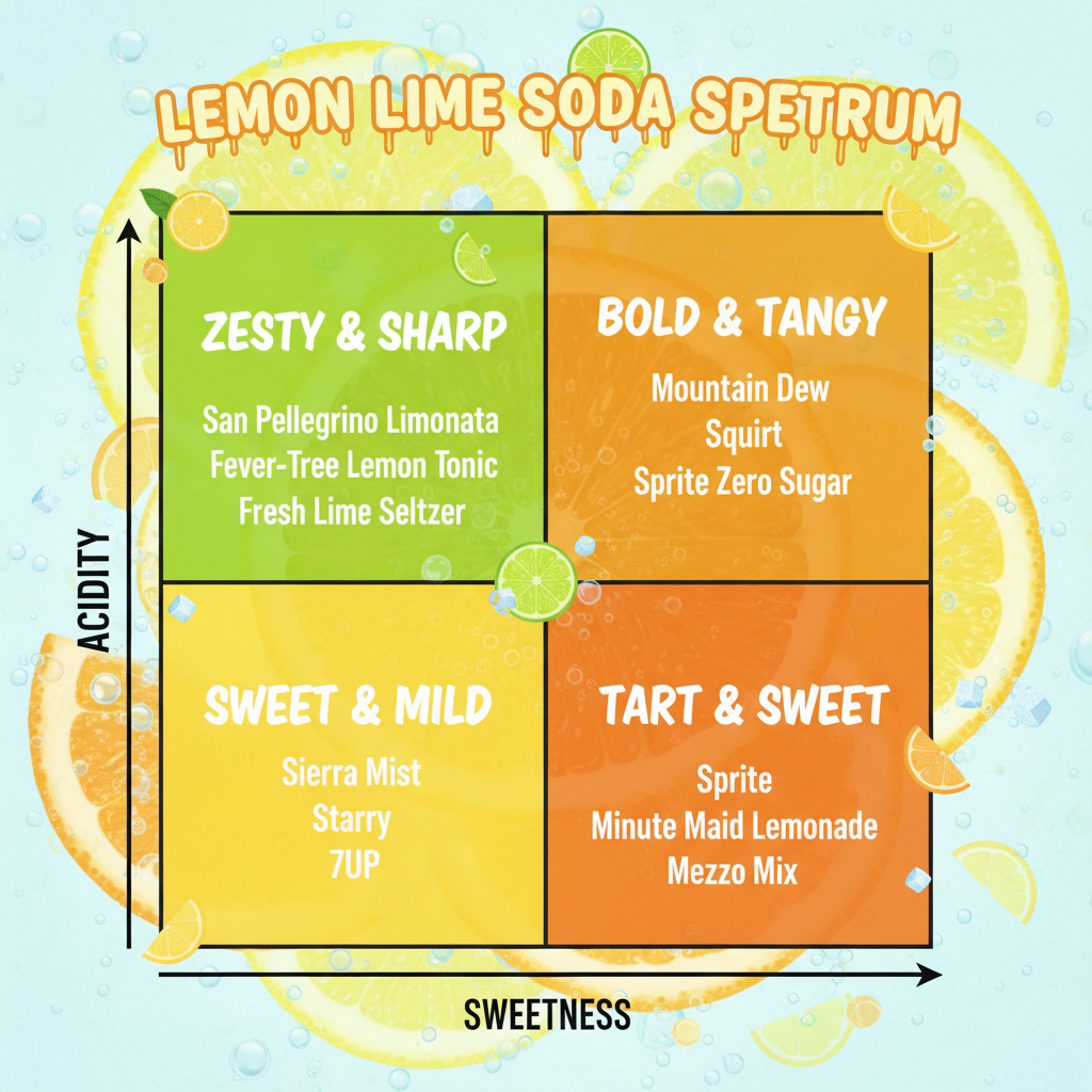 Sweetness vs Acidity Spectrum: A quadrant chart mapping sodas based on sweetness and acidity.