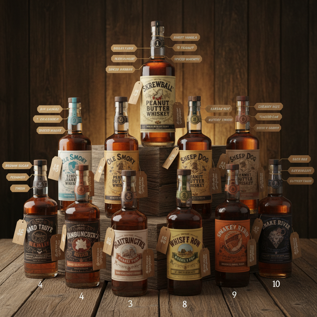 Peanut Butter Whiskey Brand Comparison: Bottles of popular brands with tasting notes for visual comparison.
