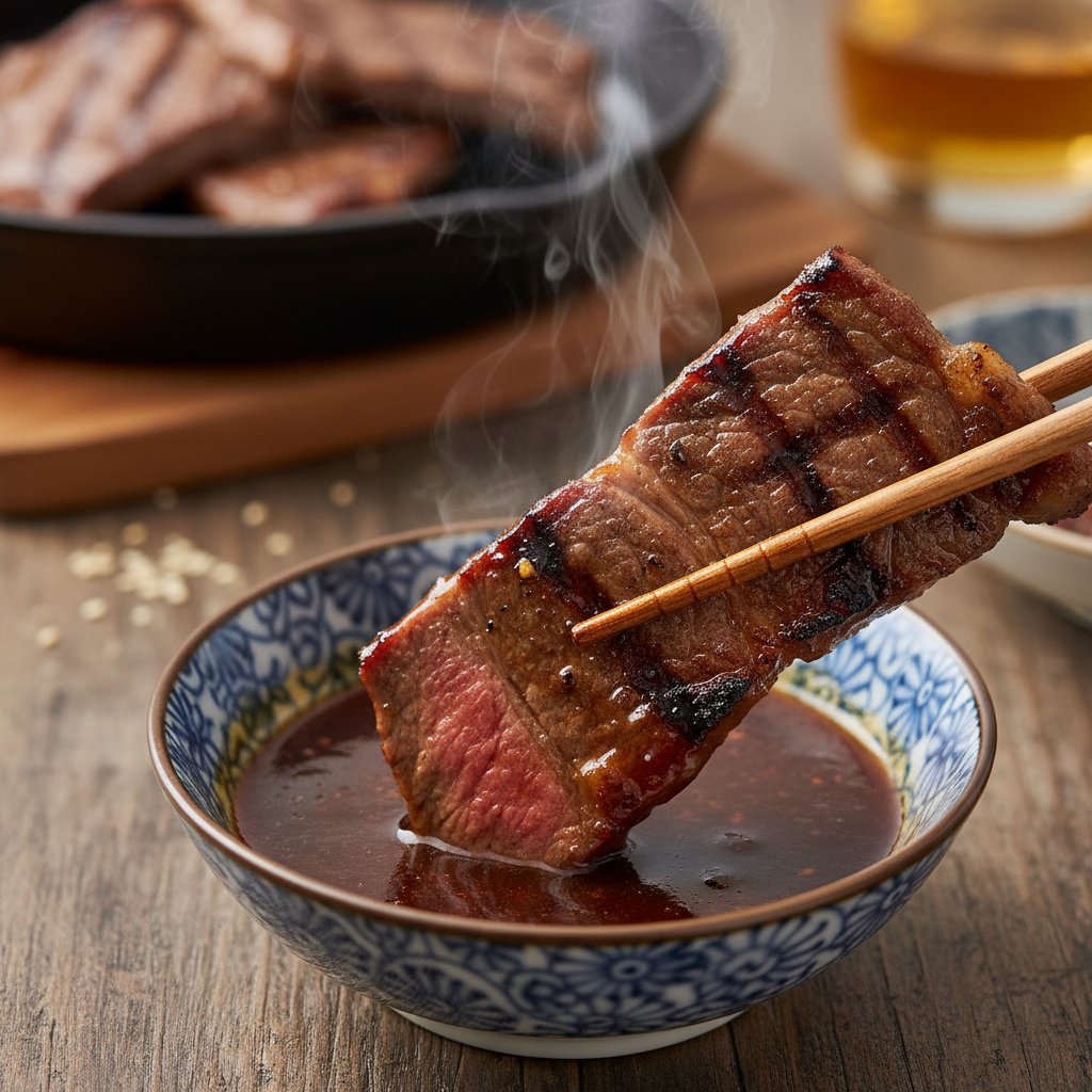Grilled Meat with BBQ Sauce: A close-up of grilled meat being dipped into a glossy bowl of Japanese BBQ sauce.