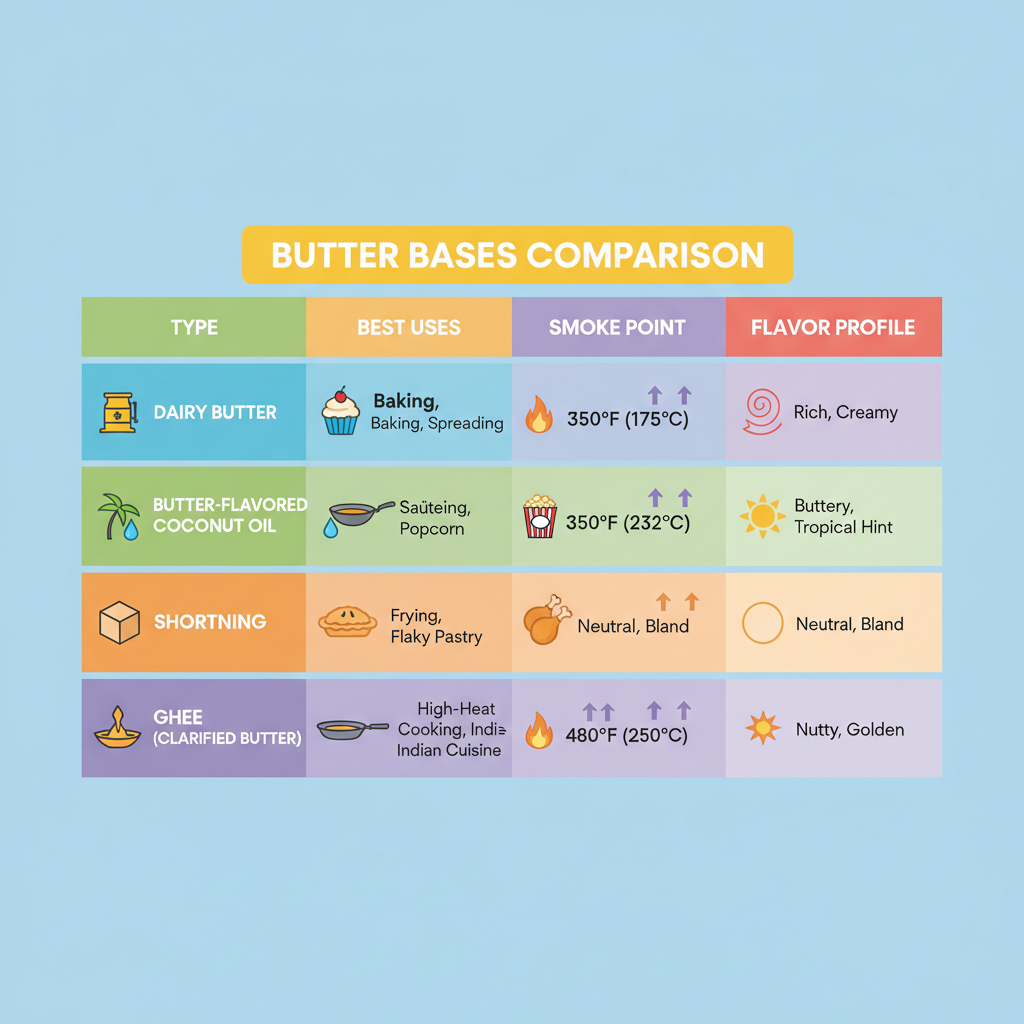 Butter Base Comparison: An infographic-style visual comparing different butter bases with icons for their uses, smoke points, and flavor profiles.
