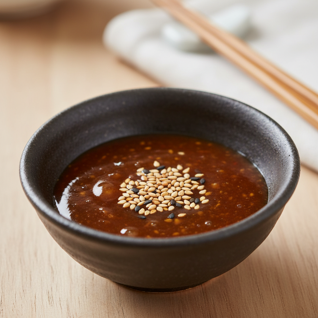 Pouring Japanese BBQ Sauce: An artistic capture of the sauce being poured from a bottle into a bowl, emphasizing its rich and smooth flow.
