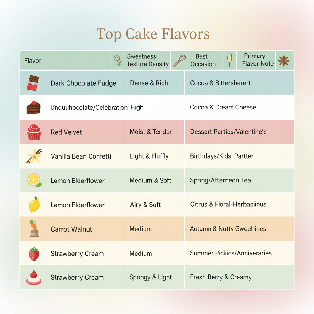 Cake Flavor Comparison Table: A clean and professional visual showcasing the top 6 cake flavors ranked by sweetness, texture, and more.