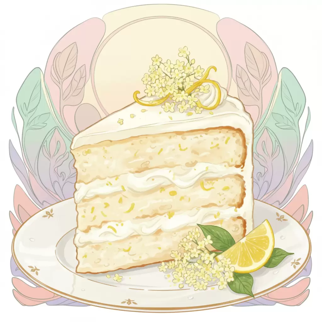 Lemon Elderflower Cake Illustration: A vibrant artistic depiction of a slice of Lemon Elderflower cake with a springtime vibe