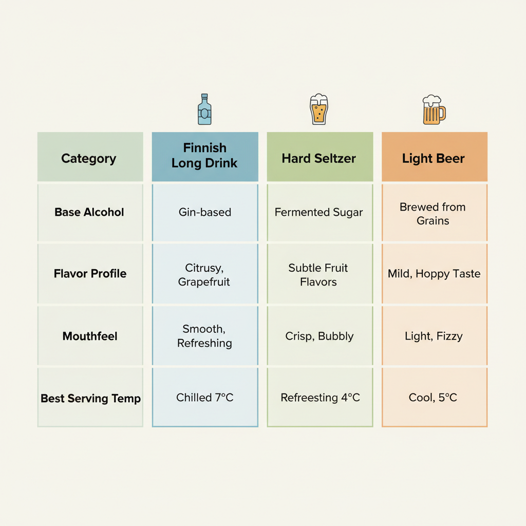 Long Drink Comparison Table: Highlights the differences between Finnish Long Drink, Hard Seltzer, and Light Beer.