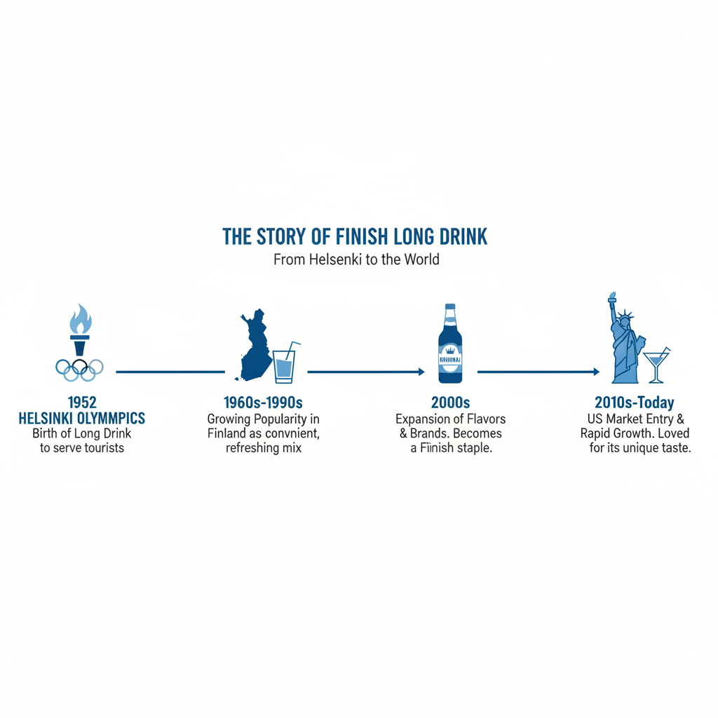 Finnish Long Drink History Infographic: A timeline showcasing the history of the Finnish Long Drink.