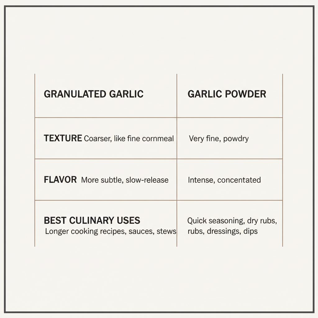 Highlights differences between granulated garlic and garlic powder