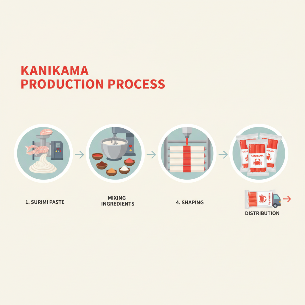 Infographic showing the production process of kanikama, from white fish paste to red-and-white crab stick.
