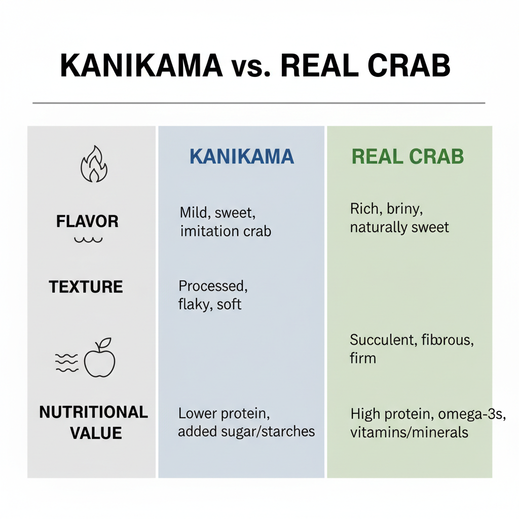 Comparison table of kanikama vs real crab, showing differences in flavor, texture, and nutritional value.
