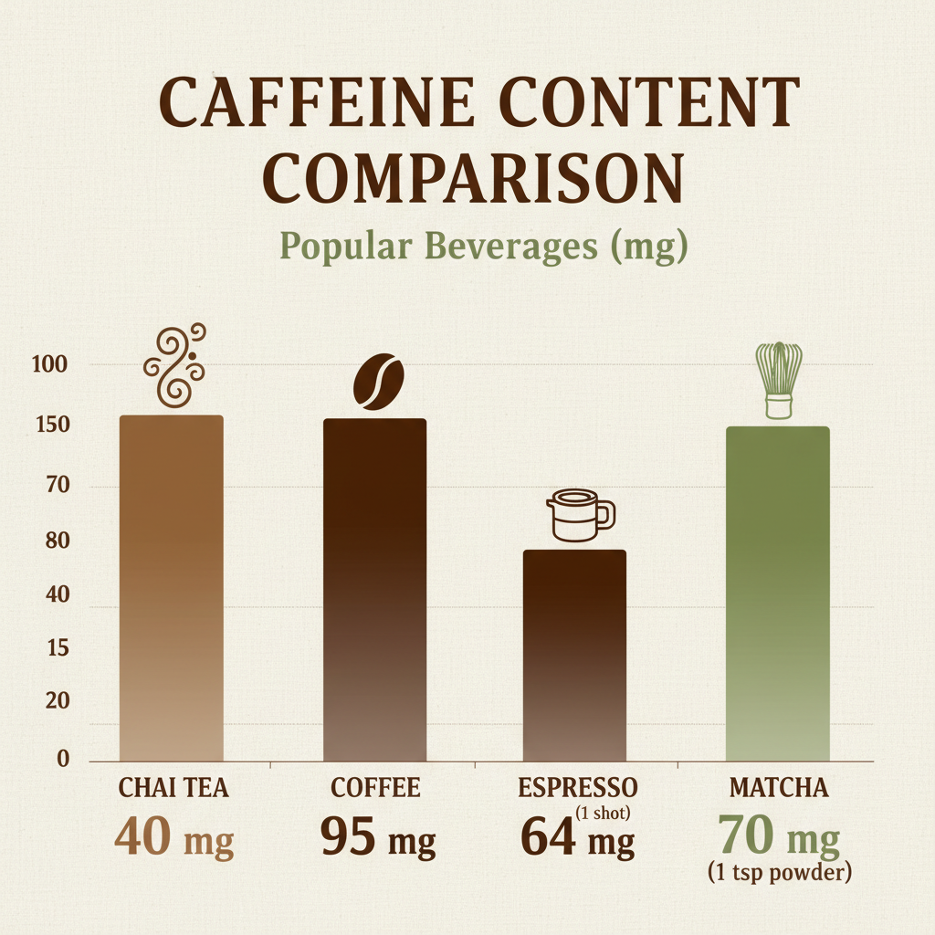Caffeine Comparison Chart: A clean and professional chart comparing caffeine content in beverages like chai tea, coffee, espresso, and matcha.