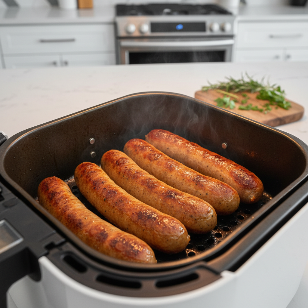 Cooking bratwurst in an air fryer.