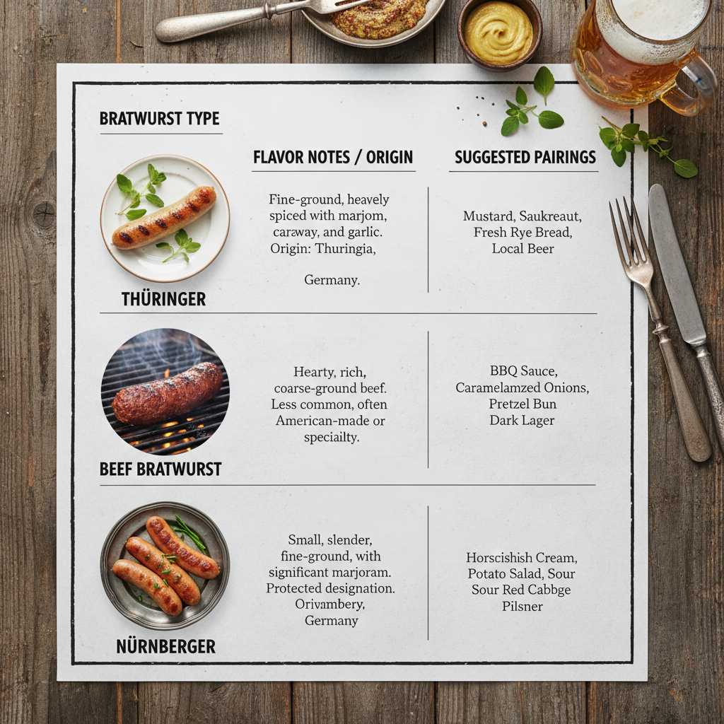 Visual comparison of bratwurst varieties.