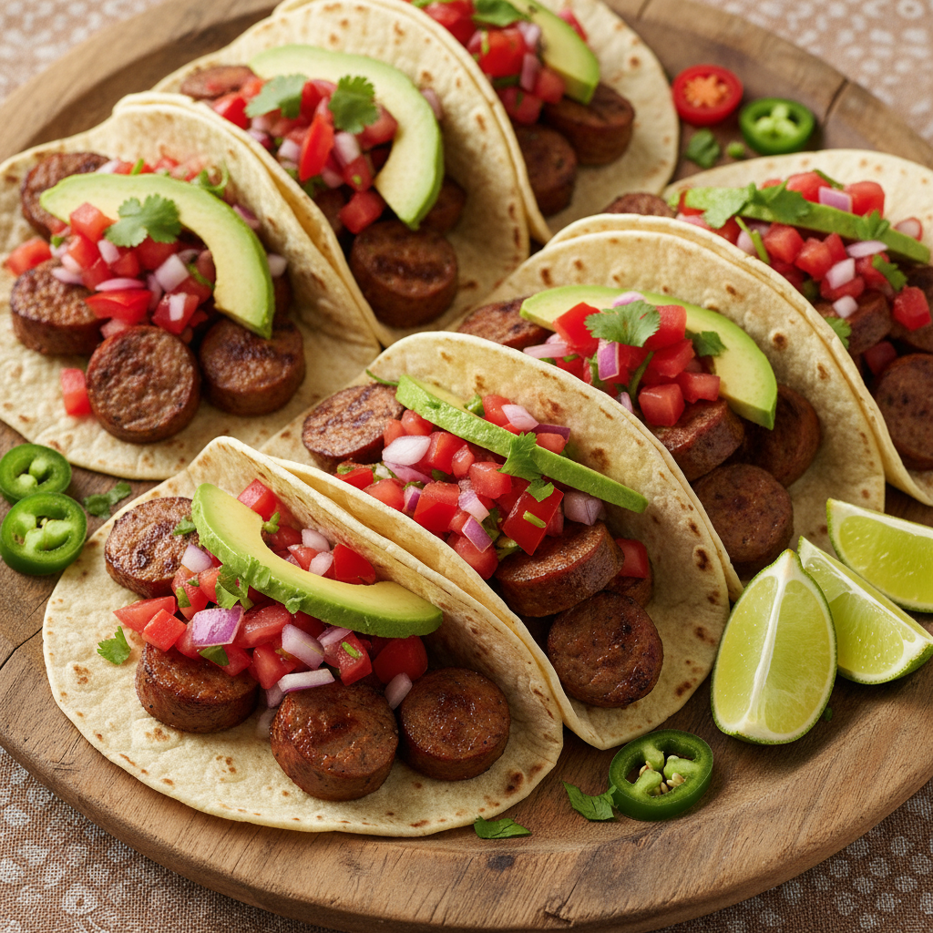 A vibrant image of beef bratwurst tacos with toppings.