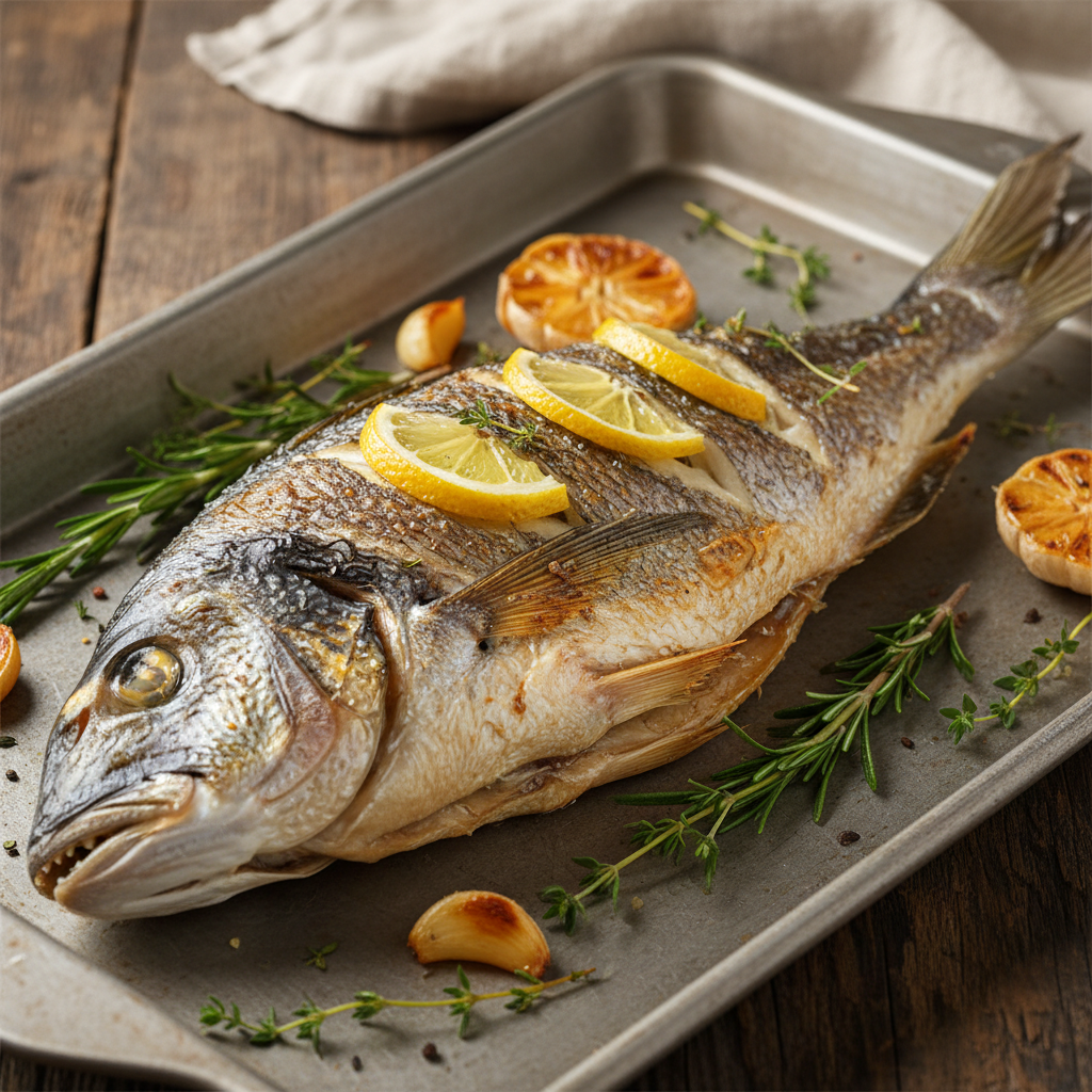 A whole roasted branzino fish on a baking sheet, garnished with lemon slices, fresh herbs, and garlic.
