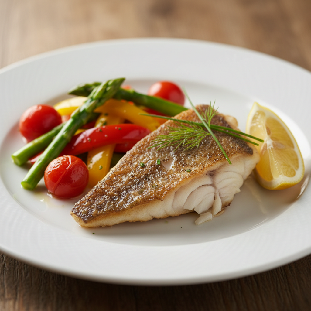 Pan-fried branzino fillet with crispy golden skin, served with a side of sautéed vegetables.
