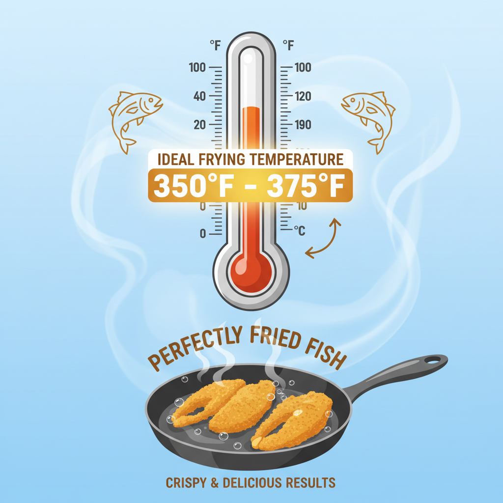 Infographic showing the ideal oil temperature for frying fish, highlighting 350°F to 375°F.