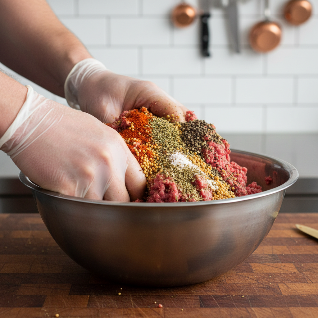 Step-by-step process of making summer sausage, showing ground meat being mixed with spices, stuffed into casings, and smoked.