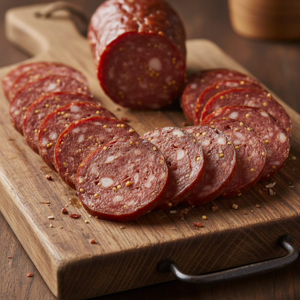 A close-up of beef summer sausage with visible mustard seeds and a rich, smoky texture, placed on a cutting board.