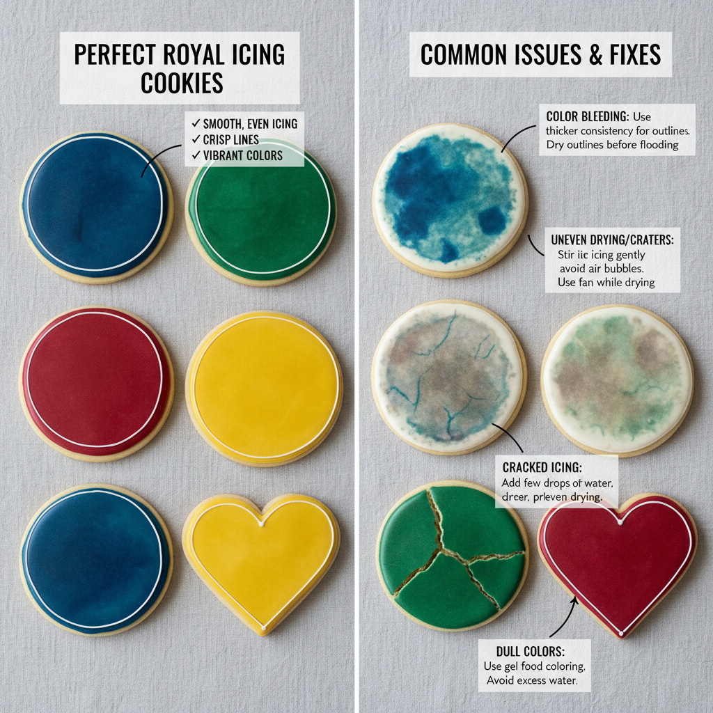 A side-by-side comparison of perfectly piped royal icing cookies next to cookies with common issues like color bleeding or uneven drying, highlighting troubleshooting tips.