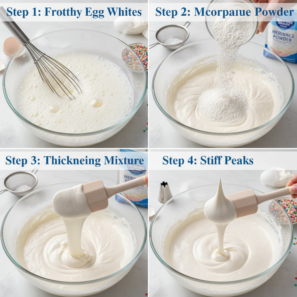 A vibrant step-by-step collage showing the process of making royal icing from meringue powder, starting with frothy egg whites and ending with glossy stiff peaks.