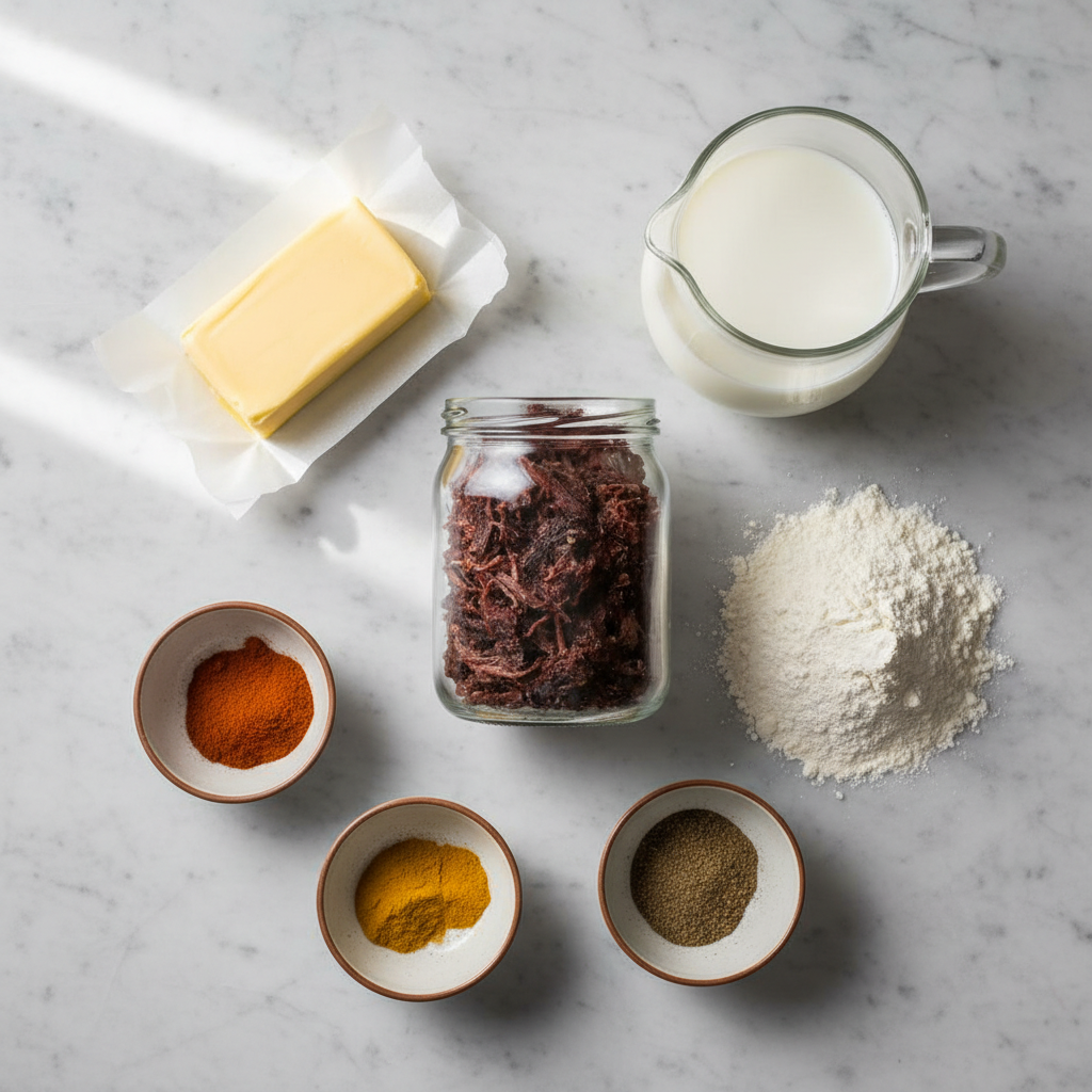 Ingredients for shit on a shingle recipe including dried beef and milk.