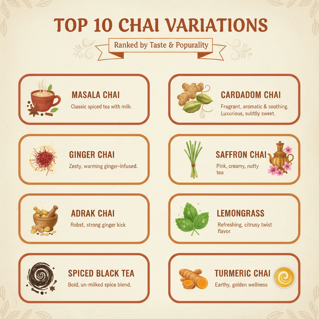 Top 10 Chai Variations: An infographic-style image showcasing the top 10 chai variations ranked by taste and popularity.