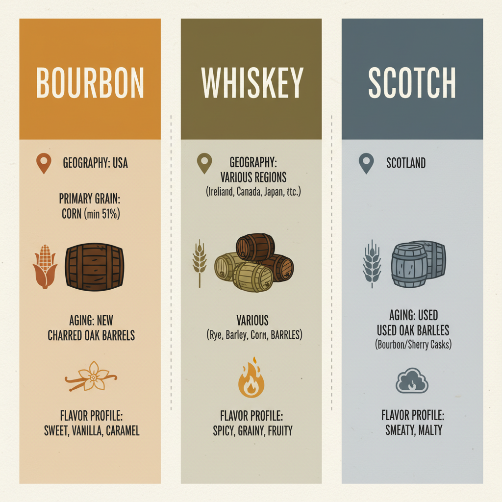 A clear comparison of bourbon, whiskey, and scotch.