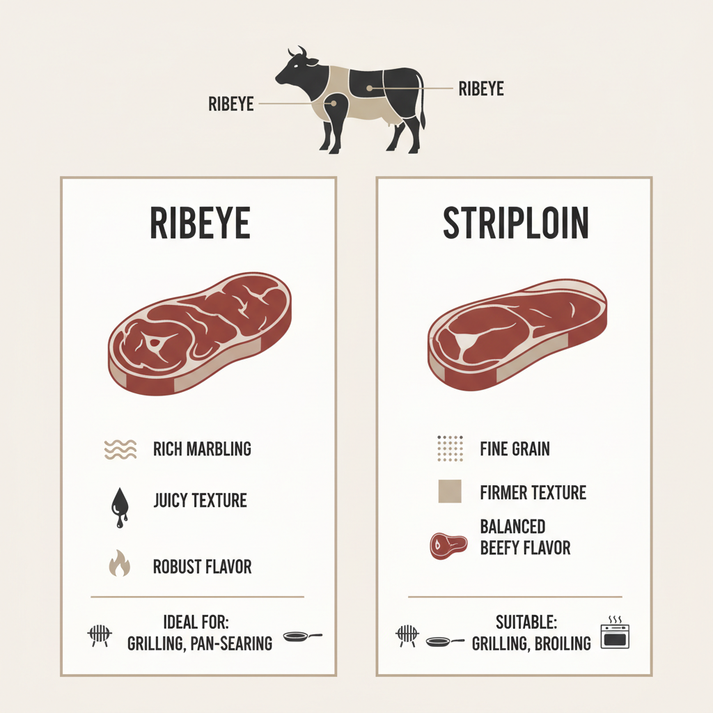 Ribeye vs Striploin Infographic: A clear comparison of the two steak cuts.