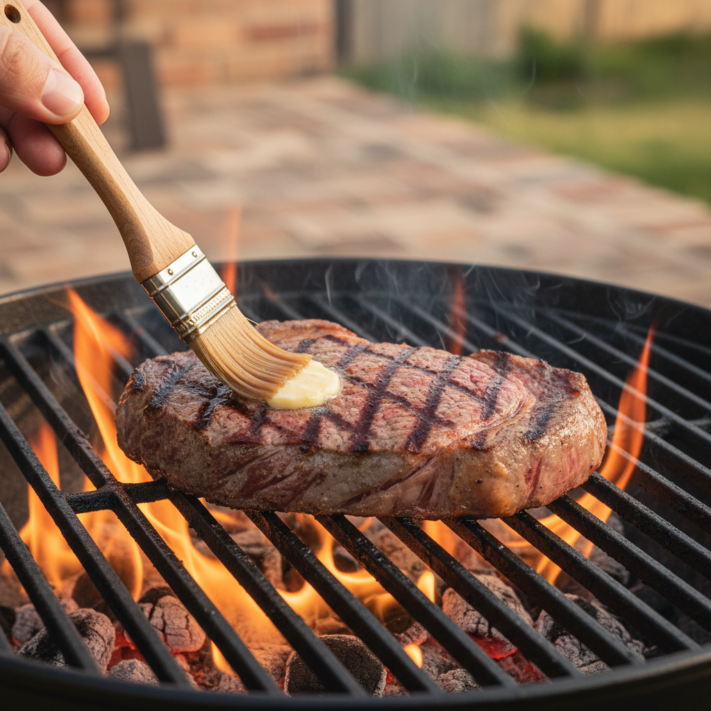 Grilled Striploin Steak: A dynamic shot of a striploin steak on the grill with flames and butter basting.