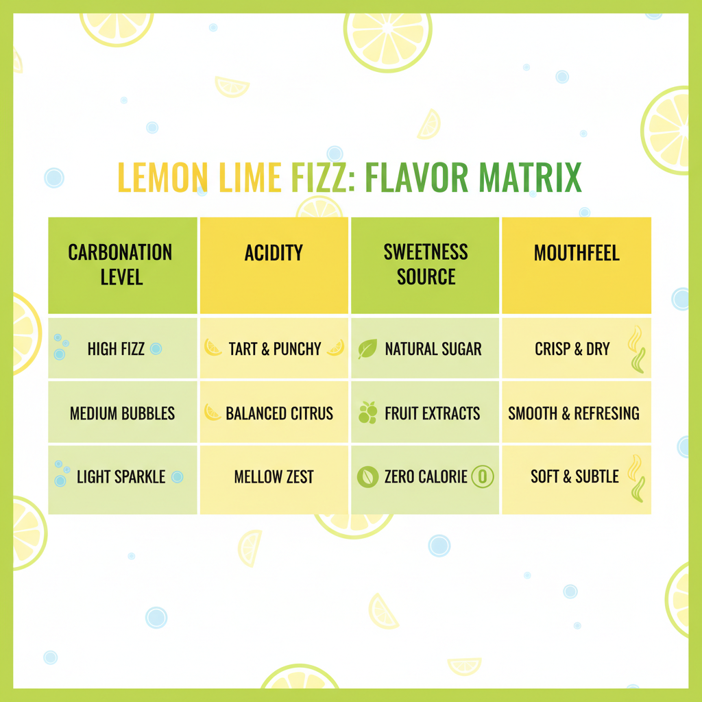 Flavor Profile Matrix: A clean table comparing carbonation, acidity, sweetness, and mouthfeel.
