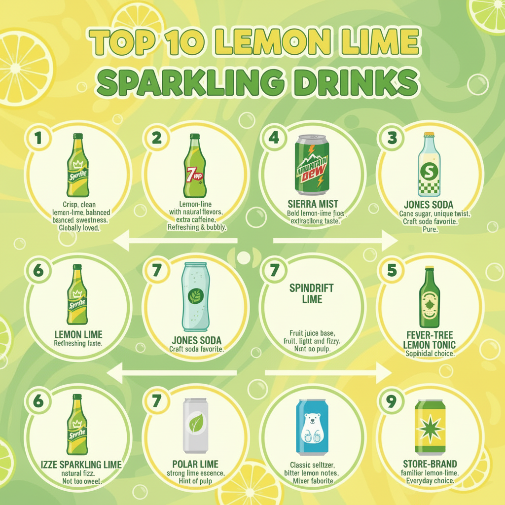 Top 10 Lemon Lime Drinks: An infographic ranking the top lemon lime sodas by taste and popularity.