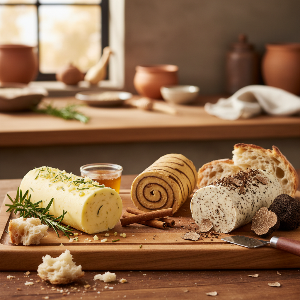 Flavored Butter Assortment: A rustic kitchen setting showcasing a variety of flavored butter logs with garnishes and bread slices.