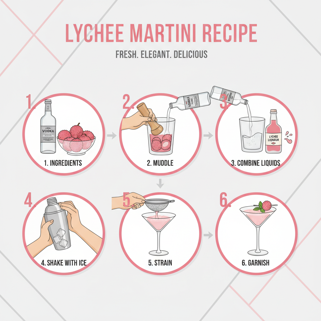  a visually engaging infographic illustrating the process of making a lychee martini