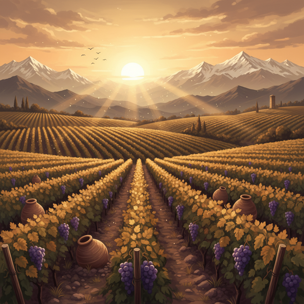 Georgian Vineyard Landscape: A scenic view of vineyards with the Caucasus Mountains.