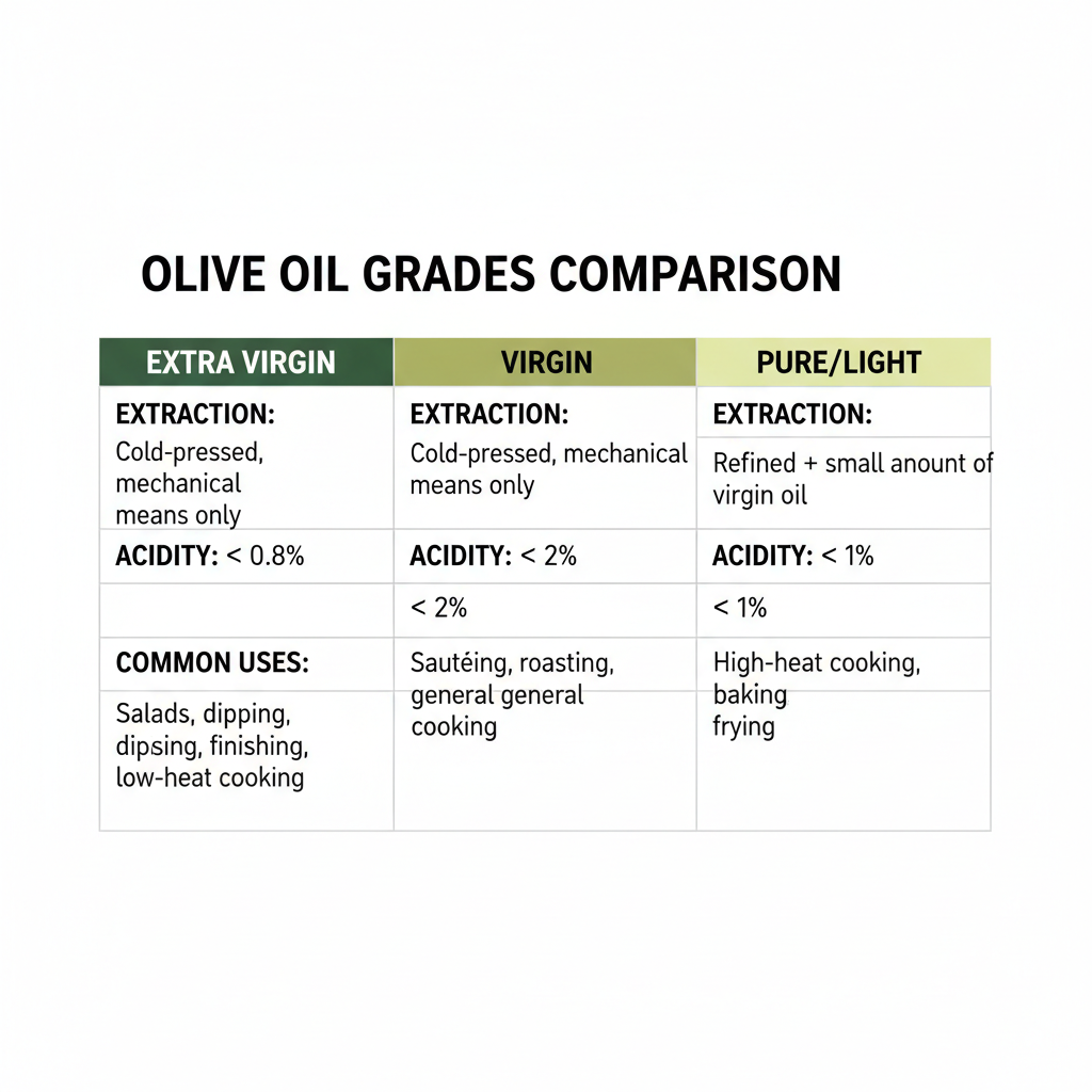 Olive Oil Grades Comparison: A table comparing different olive oil grades, their extraction methods, acidity levels, and uses.