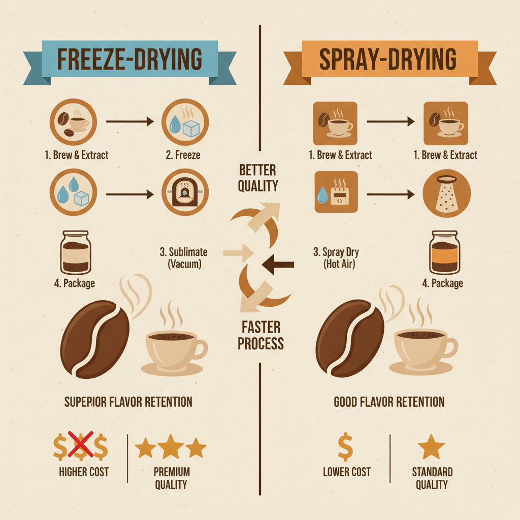 Freeze-Dried vs Spray-Dried Coffee: Highlights the differences in flavor retention, cost, and quality.