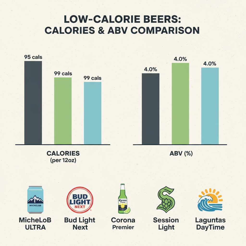 An infographic comparing calorie counts and ABV of top beers.