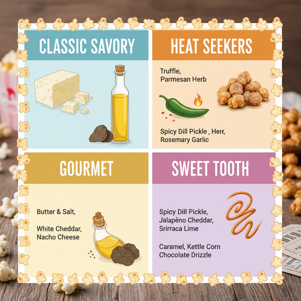 Popcorn Flavor Categories Table: A comparison table showcasing different popcorn flavor categories with visual representations.
