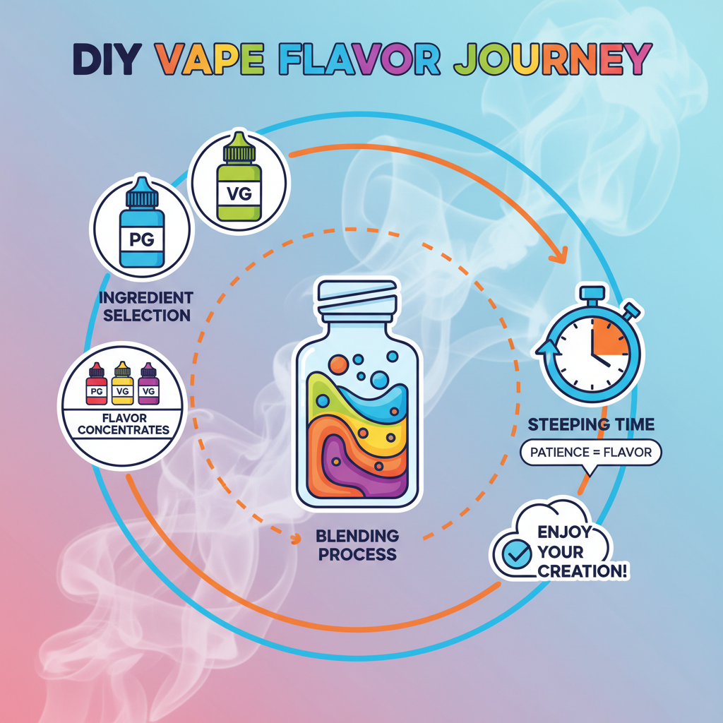 DIY Vape Flavor Journey Infographic: A colorful infographic showing the process of creating a DIY vape flavor, from ingredient selection to steeping.
