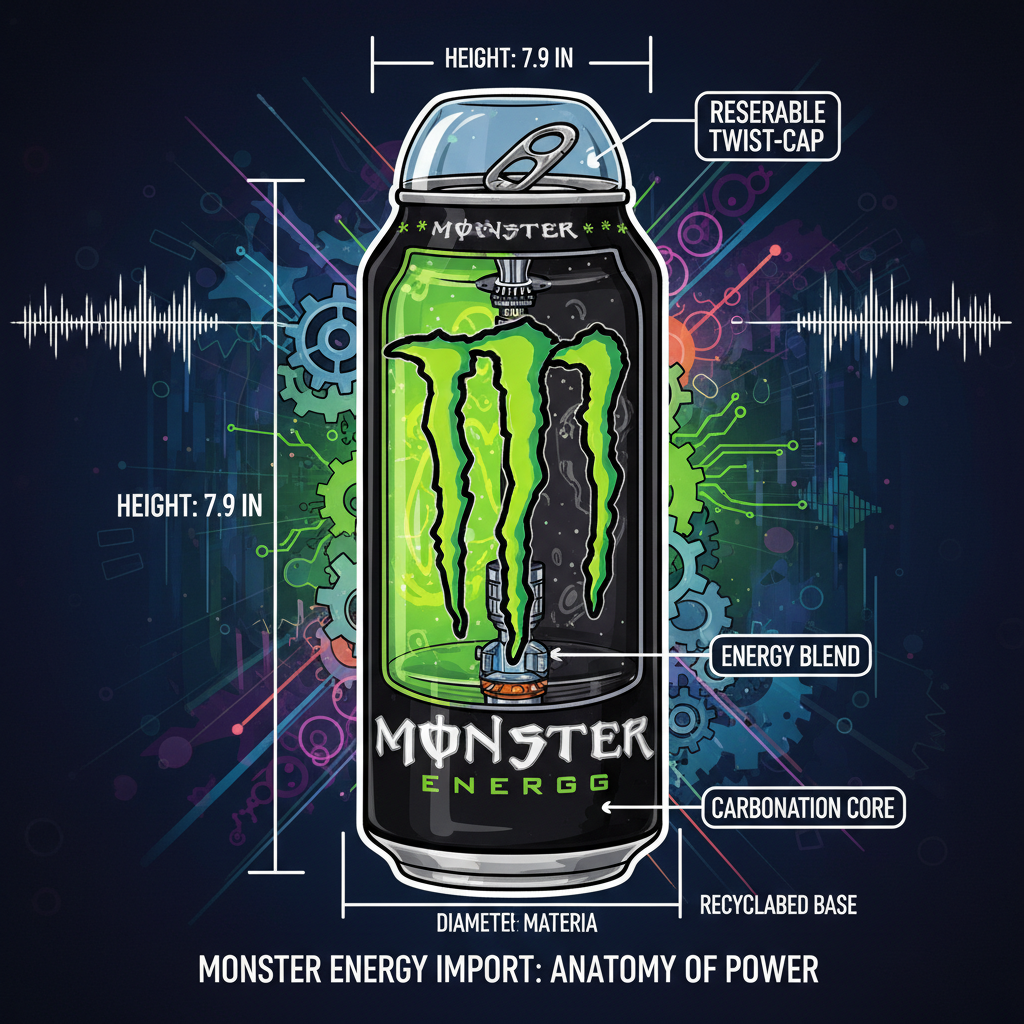 Anatomy of a Monster Can: A detailed illustration highlighting the height, diameter, and unique features of Monster cans.