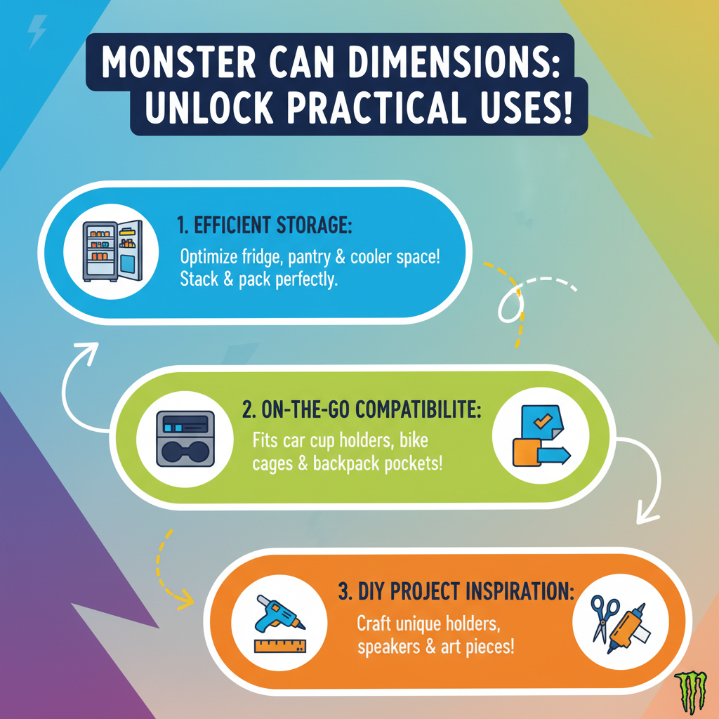 Practical Uses of Monster Can Dimensions: An infographic showcasing how knowing can dimensions is useful for storage, cup holders, and DIY projects.