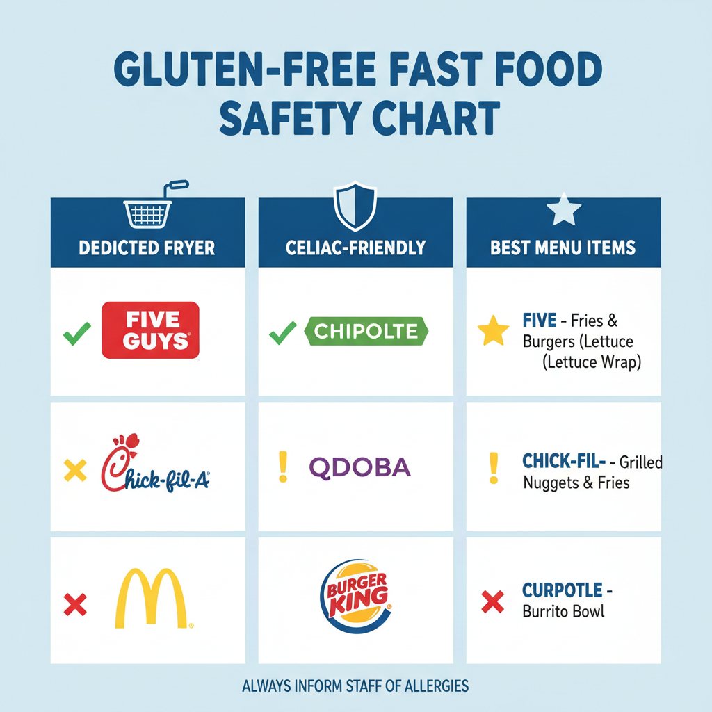 Gluten-Free Fast Food Safety Chart: A comparison chart showing safety levels and features like dedicated fryers and celiac-friendly options.