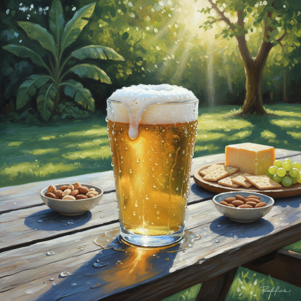 A frosty glass of light beer in a summer setting.