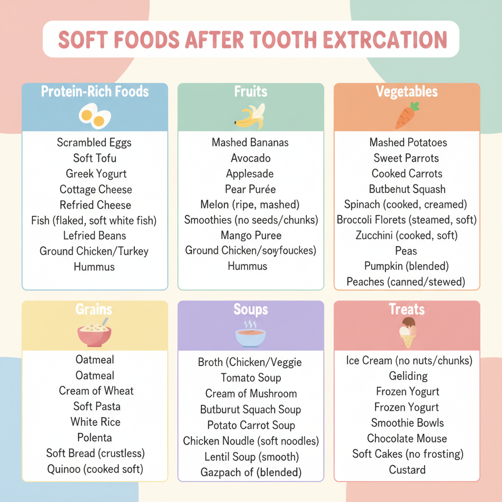 Soft Foods Infographic: A categorized list of 50 soft foods with icons and pastel colors.