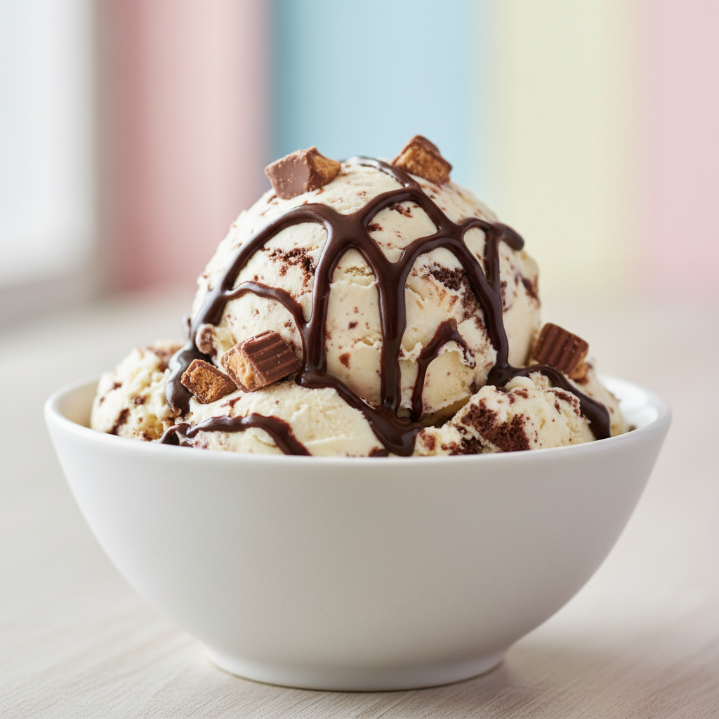 Moose Tracks Ice Cream Close-Up: A detailed shot of a scoop of Moose Tracks ice cream highlighting the fudge swirls and peanut butter cups.