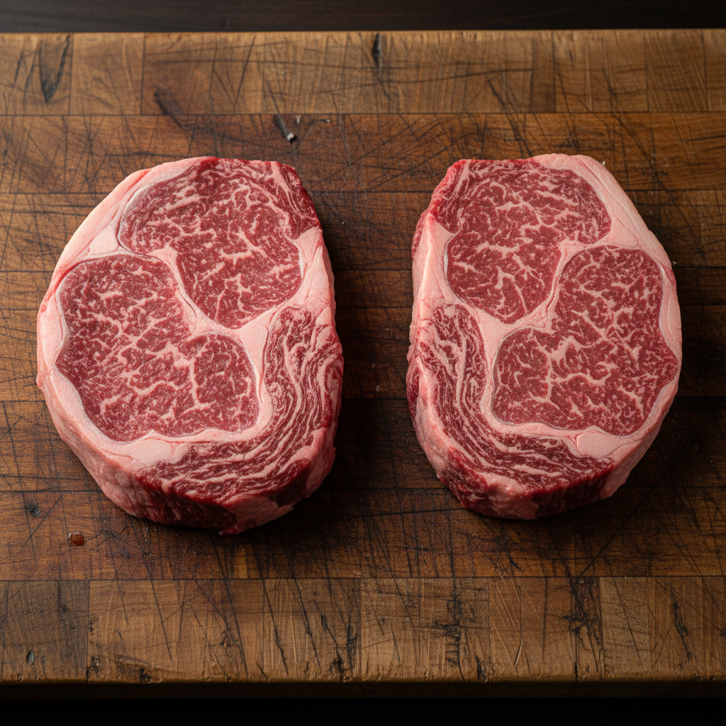 Ribeye vs Chuck Eye: A side-by-side comparison of raw Ribeye and Chuck Eye steaks on a butcher block.