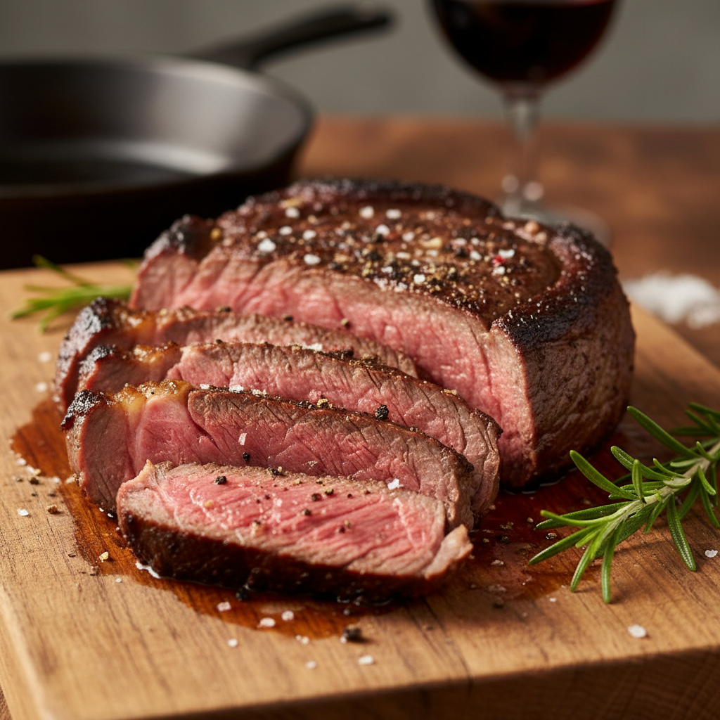 Sliced Chuck Eye Steak: A medium-rare chuck eye steak sliced on a wooden board, showing its juicy pink interior.