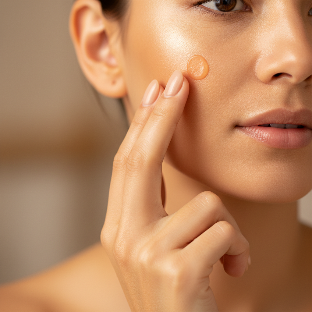 Applying Nutri Carrot Cream: A close-up of a person applying orange-tinted cream to their cheek.