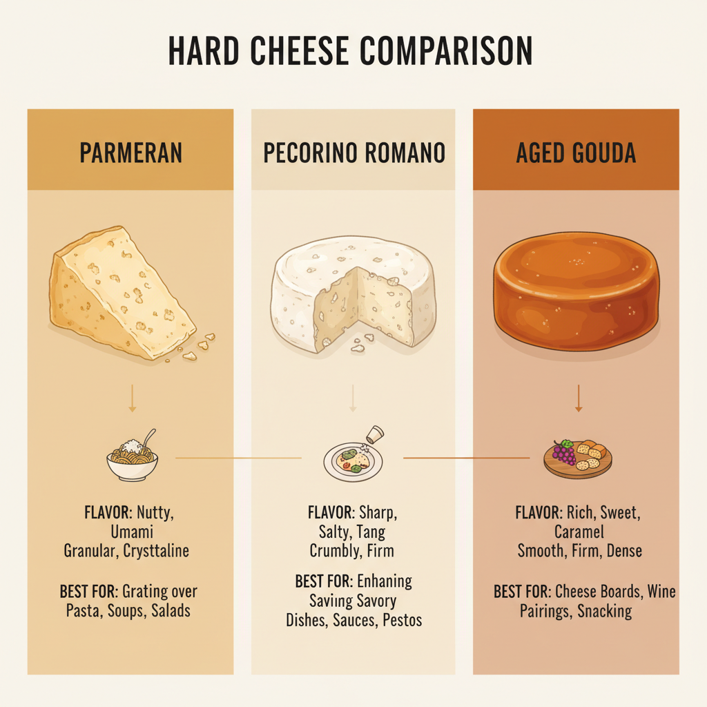 Hard Cheese Comparison Infographic: Highlights flavor profiles, textures, and uses of popular hard cheeses.