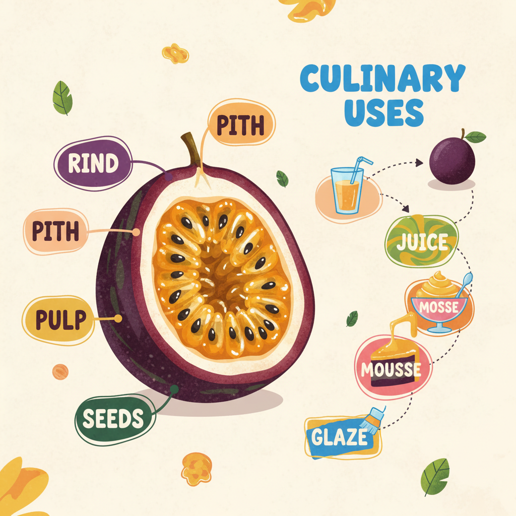 Passion Fruit Anatomy Infographic: A colorful breakdown of the fruit's anatomy and culinary uses.