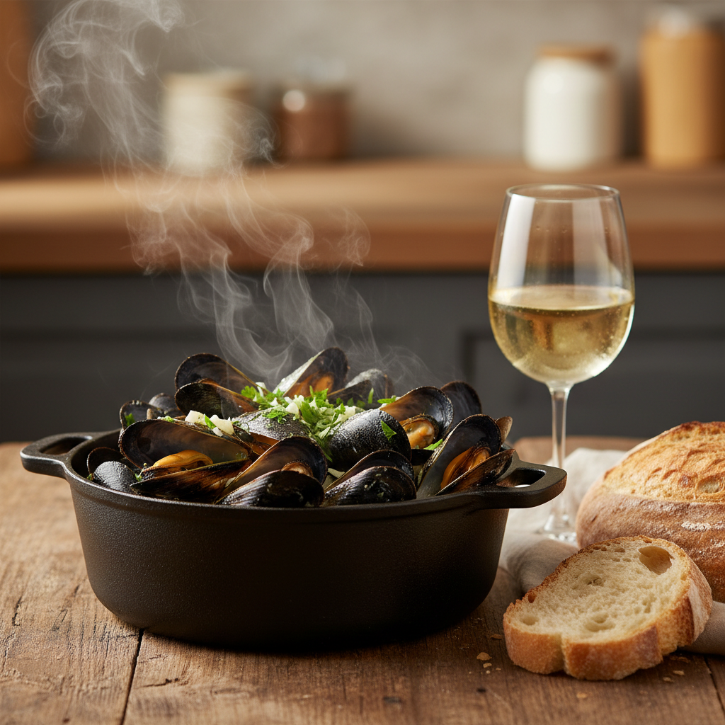 A steaming pot of black mussels cooked in white wine and garlic, with a cozy dining setup.